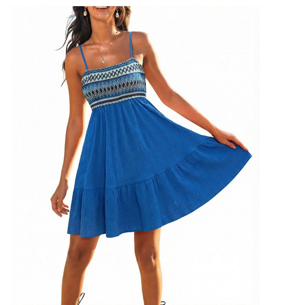 Cupshe Blue Smocked Bodice Circle Skater Dress
